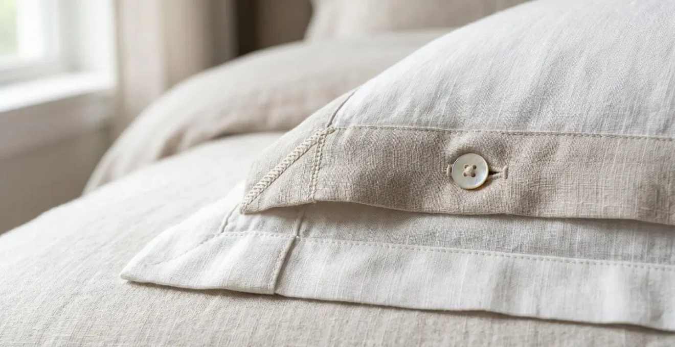 Détail macro des finitions couture d'une housse de couette haut de gamme montrant la qualité des ourlets et fermetures