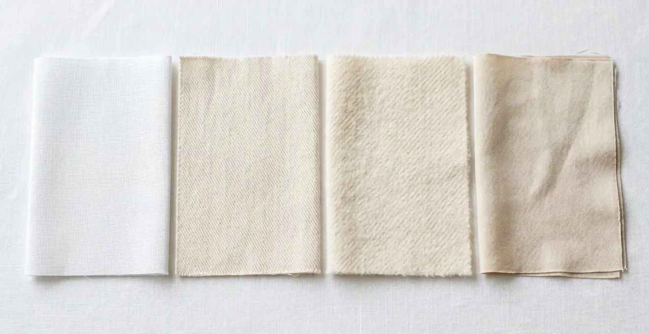 Quatre échantillons de tissus différents - percale, coton standard, flanelle et bambou - disposés en ligne montrant les variations de texture